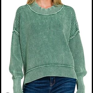 Zenana Outfitters Dark Green Ribbed Crew Neck Sweater L/XL